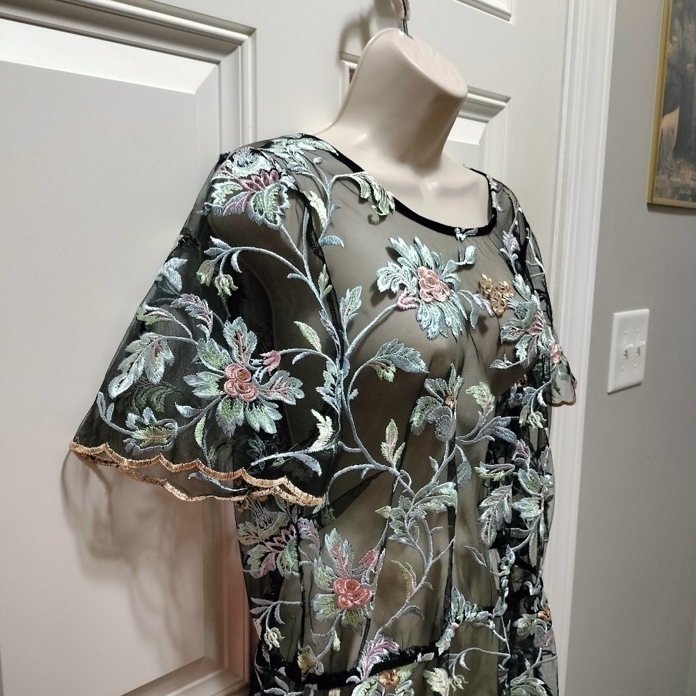 LuLaRoe Deanne II Sheer Embroidered Floral Maxi Dress Black Pink Blue 2XL Plus - Picture 5 of 10